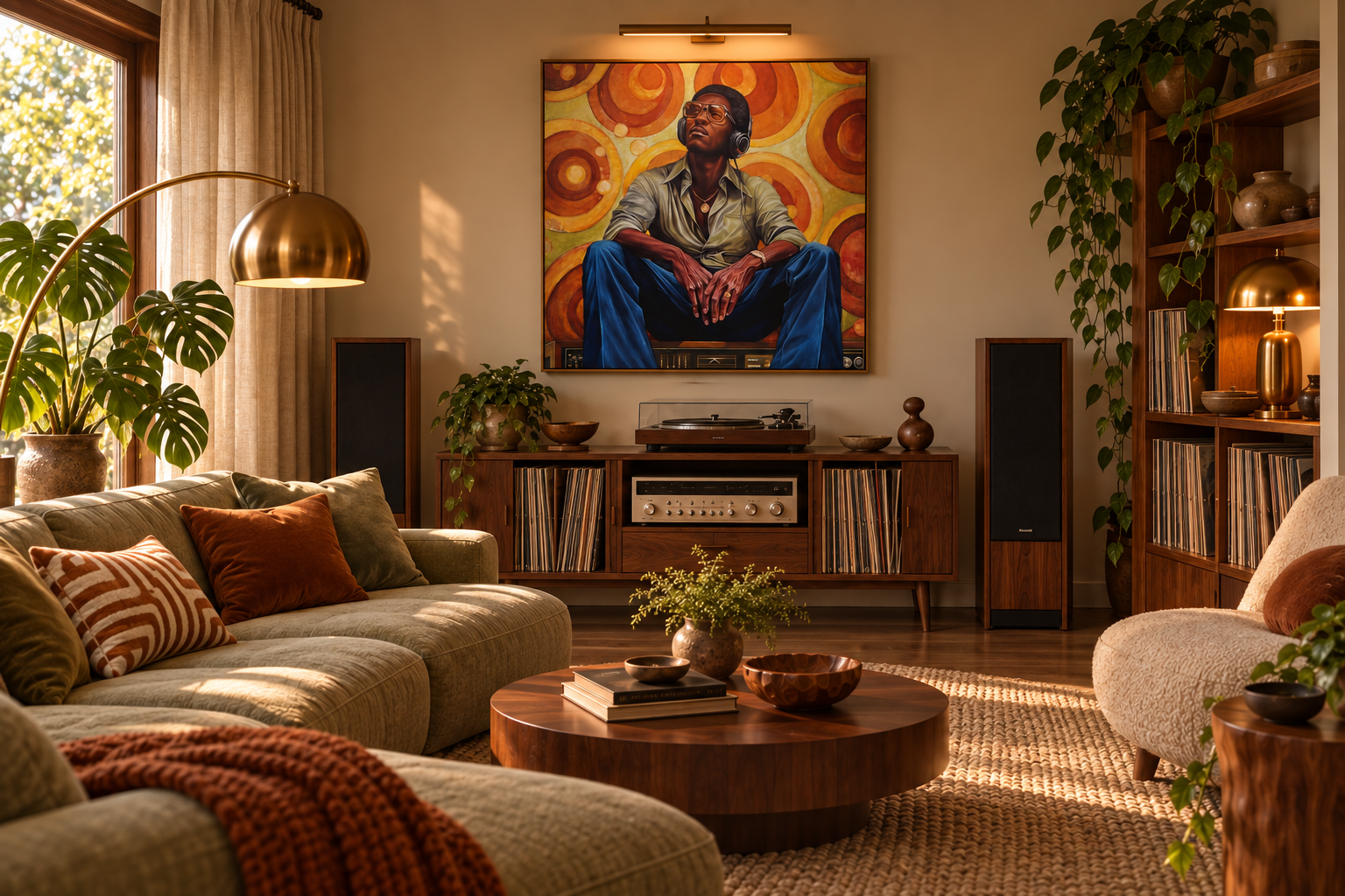 A spacious 1970s-inspired listening room with a sage sectional, vintage hi-fi, record player, and the Percy portrait installed above the stereo